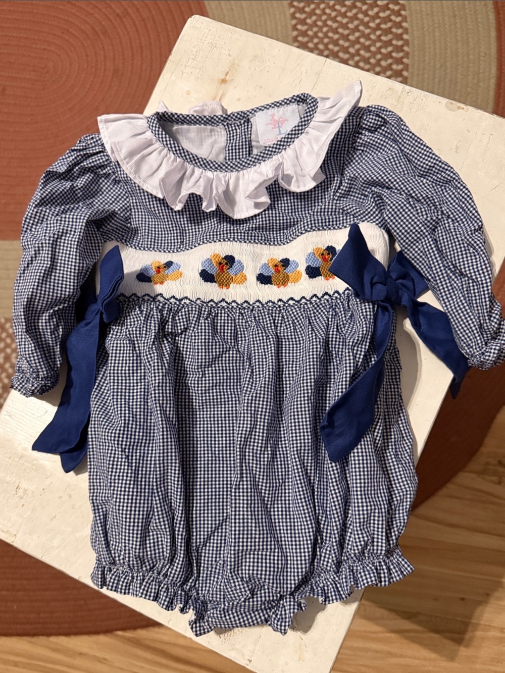Gingham Turkey Smocked Baby Bubble with Ruffled Collar - Blue & White